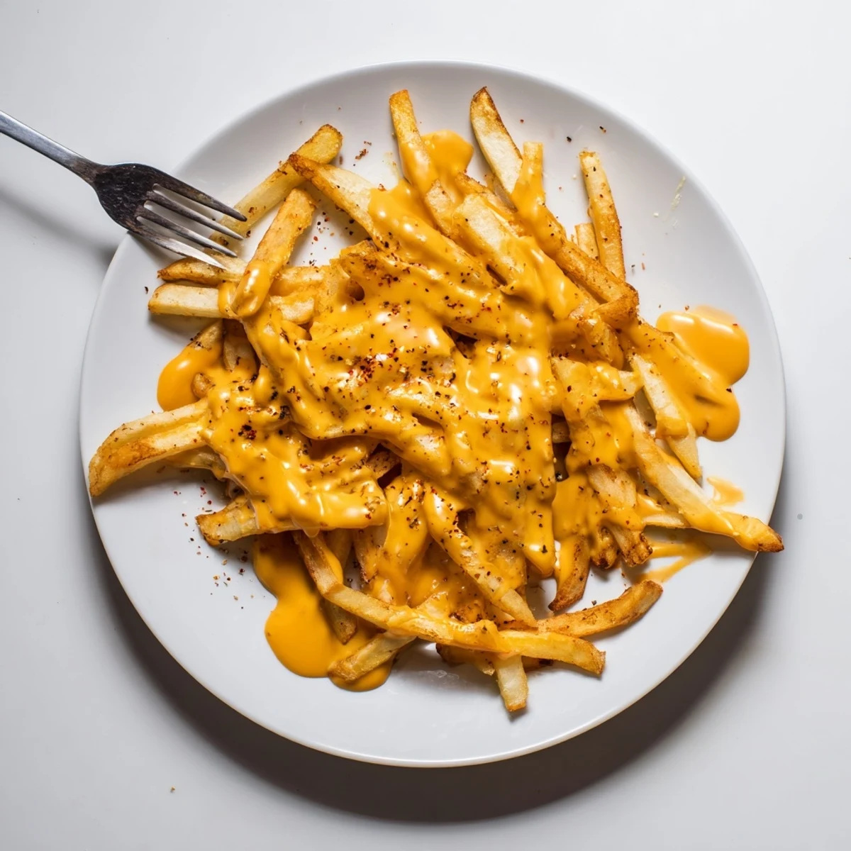 Creamy melted cheddar cheese sauce for fries served in a rustic white bowl