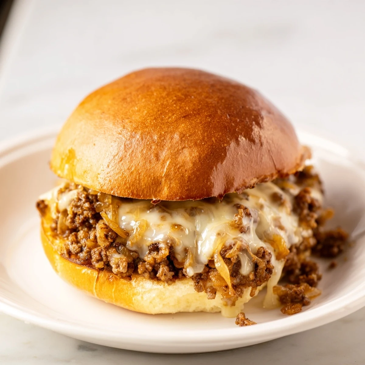Golden French onion beef sloppy joes sandwich with melted provolone on toasted brioche bun