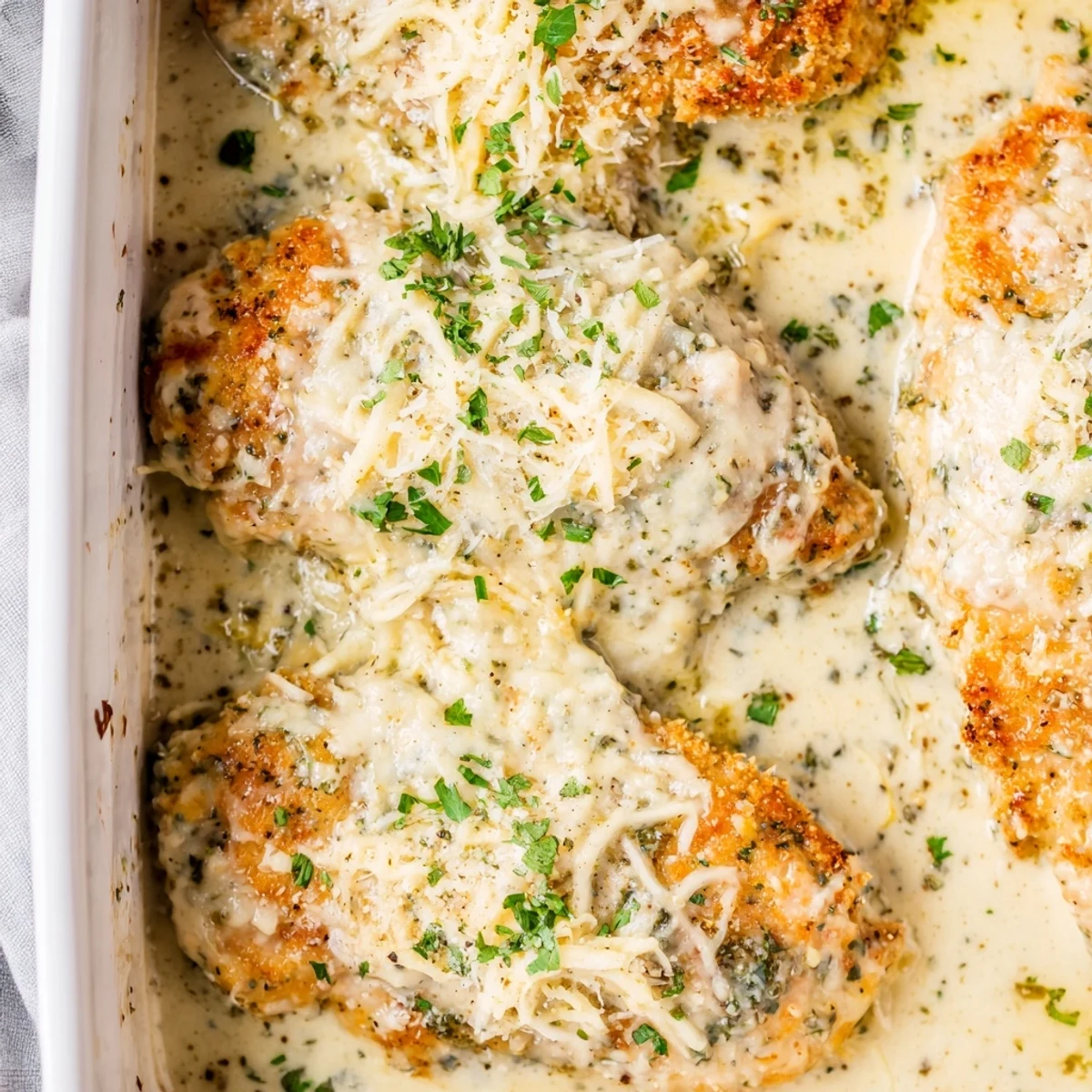 Golden bubbling creamy parmesan baked Caesar chicken with melted mozzarella topping fresh from the oven