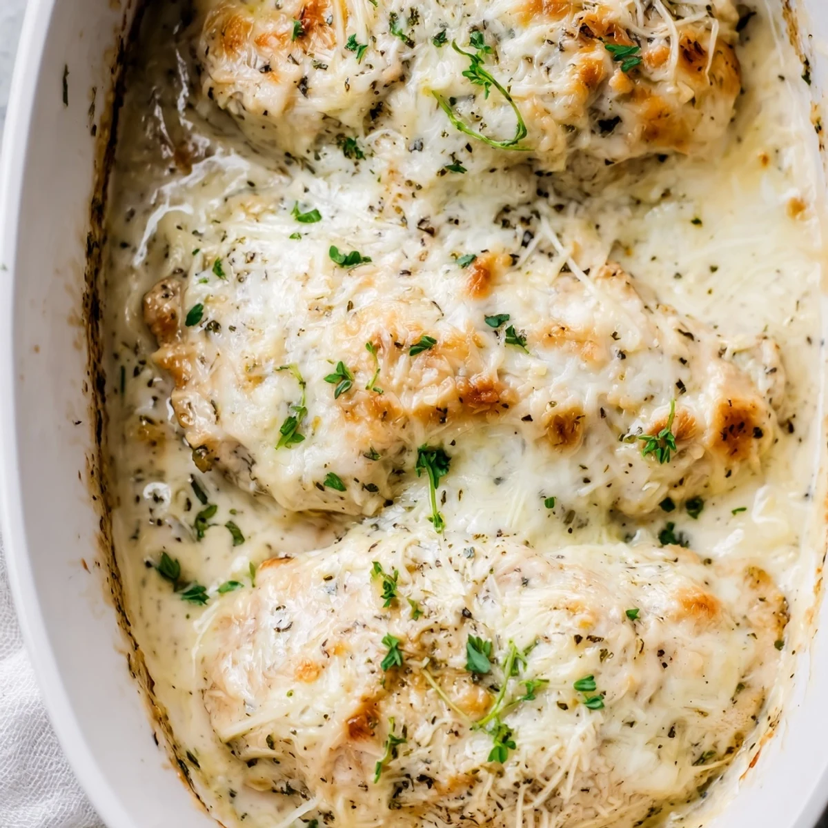 Tender juicy chicken breasts smothered in rich Caesar sauce and baked until golden and bubbly