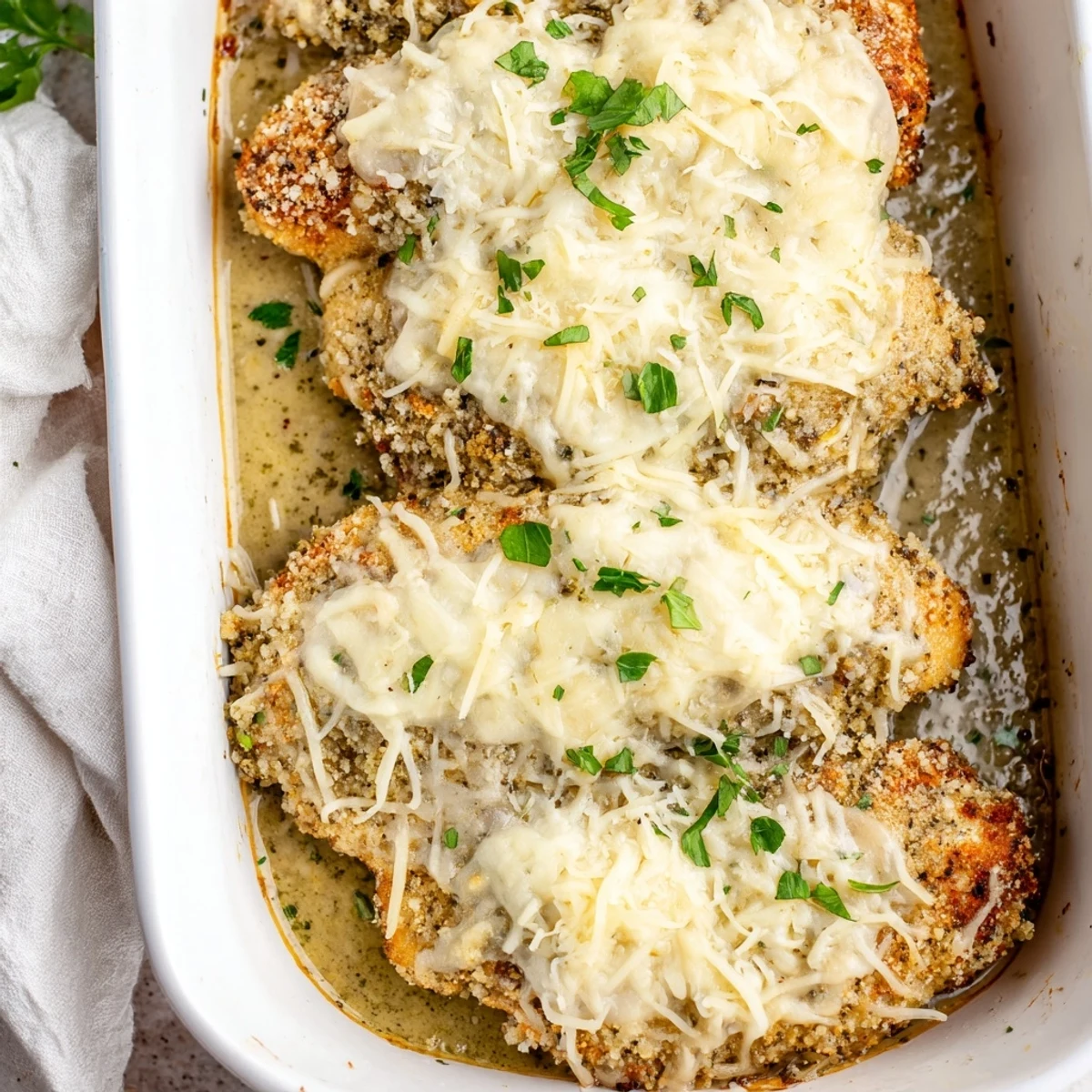 Creamy Caesar chicken parmesan casserole with shredded cheese garnish on a white serving plate
