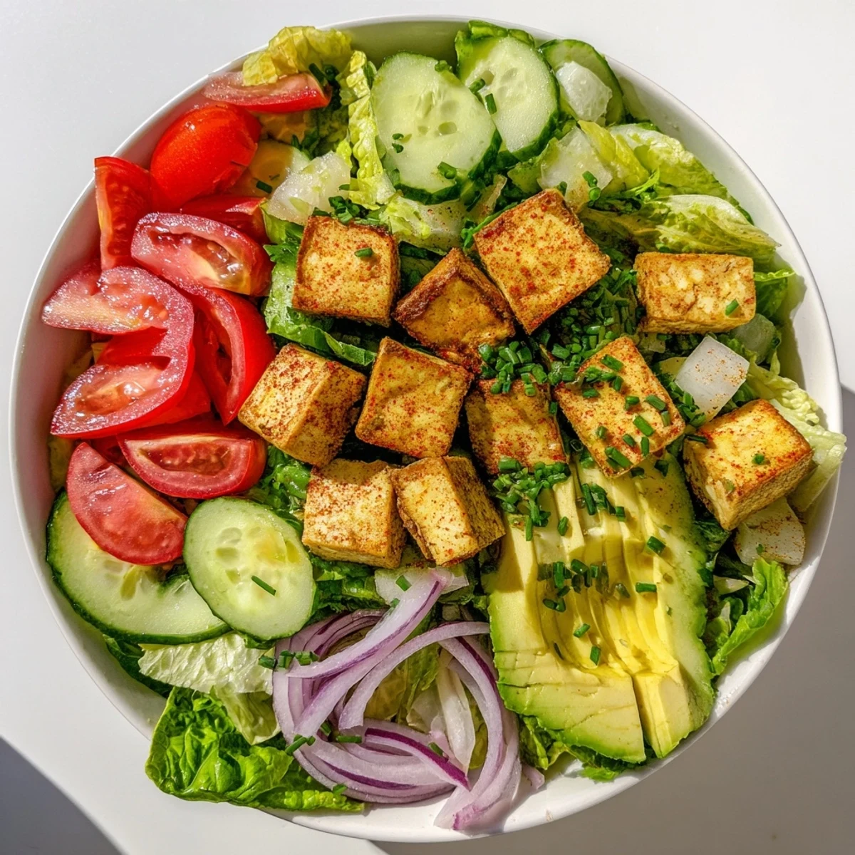 Fresh summer bowl featuring spiced grilled tofu lettuce tomato and red onion
