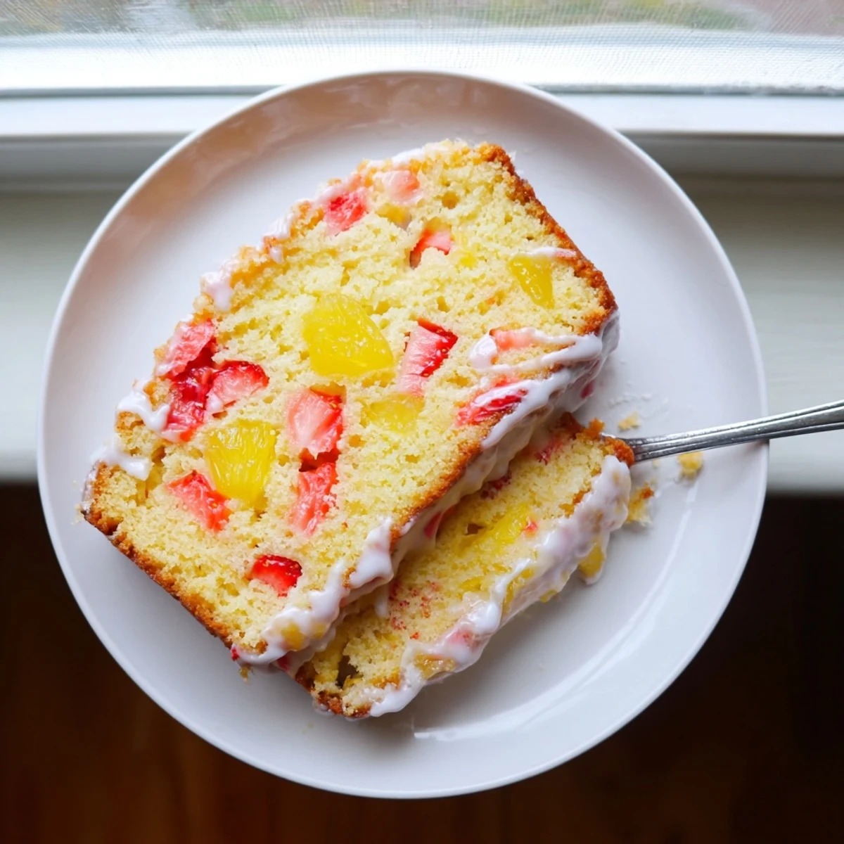 Moist tropical pound cake studded with fresh strawberries and pineapple on a serving plate