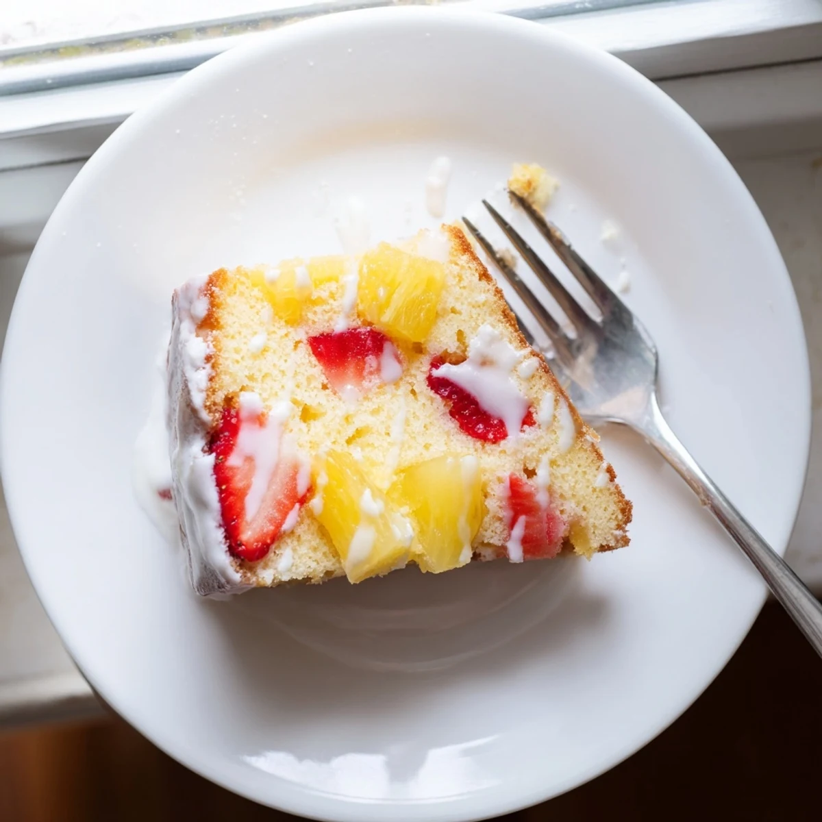 Golden slice of strawberry pineapple pound cake with red fruit pieces and white glaze drizzle