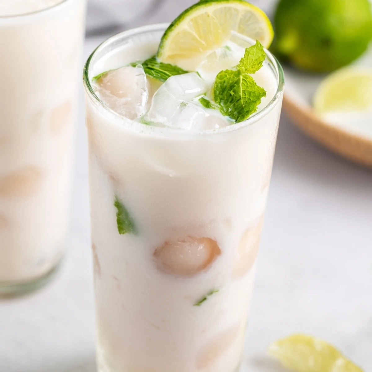 Creamy white coconut lychee iced drink served over ice with whole lychee fruit floating