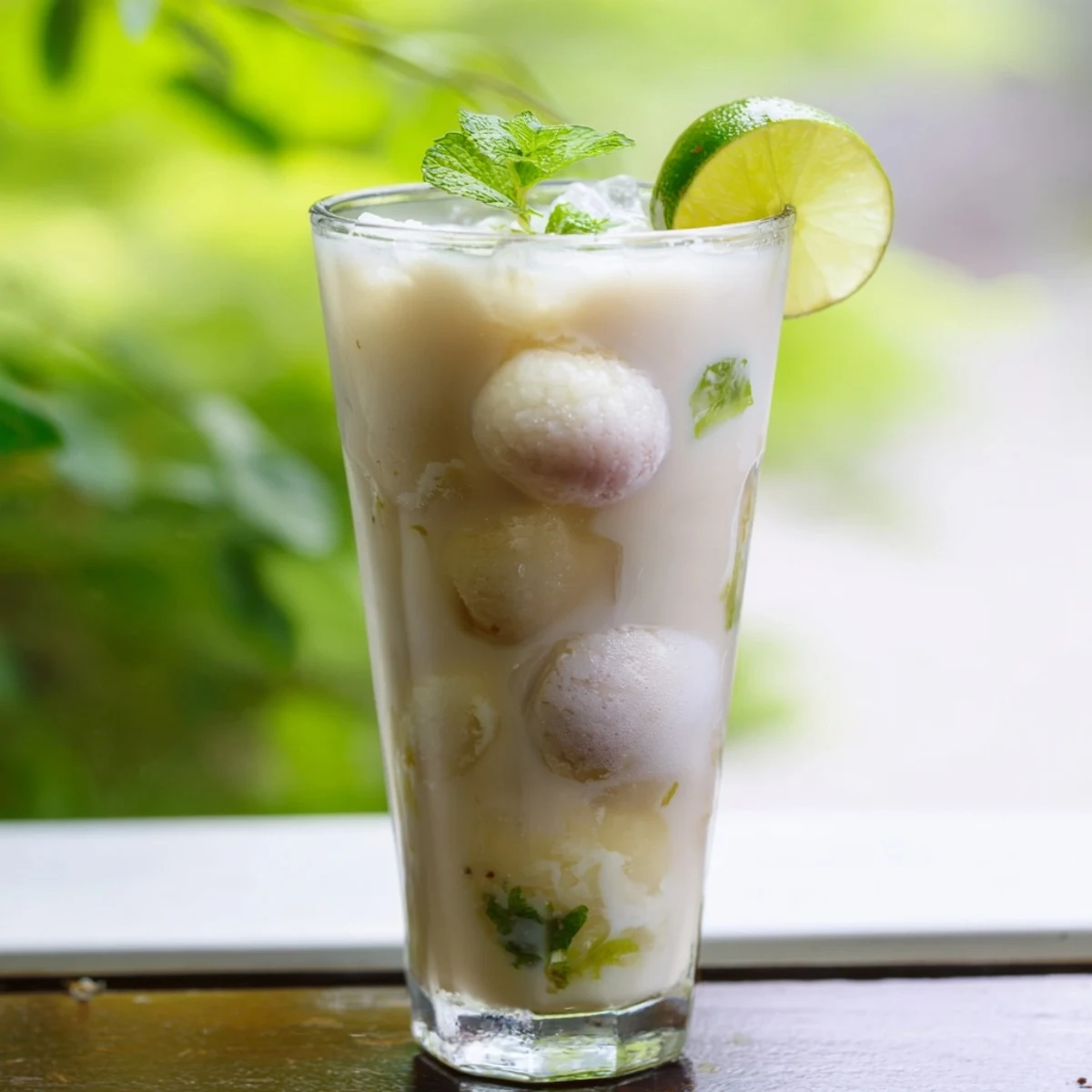 Tall glass of coconut lychee iced drink garnished with fresh lime slices and mint leaves
