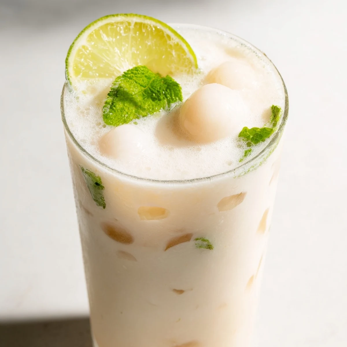 Tropical coconut lychee iced drink in a clear glass showing layered white coconut milk