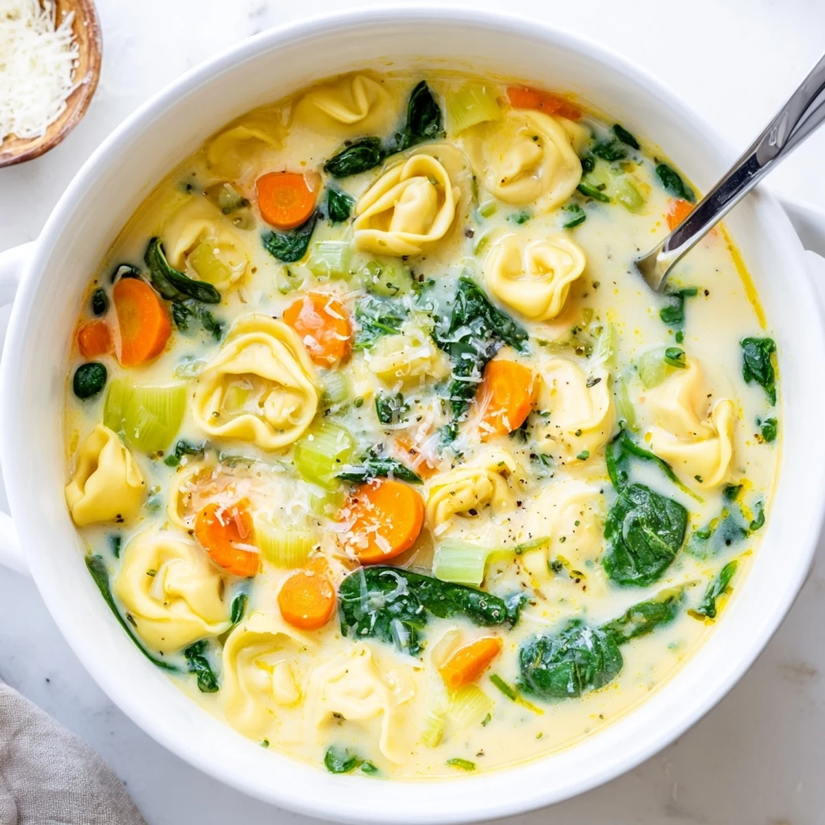 Steaming bowl of Instant Pot creamy tortellini soup topped with fresh parmesan cheese and baby spinach