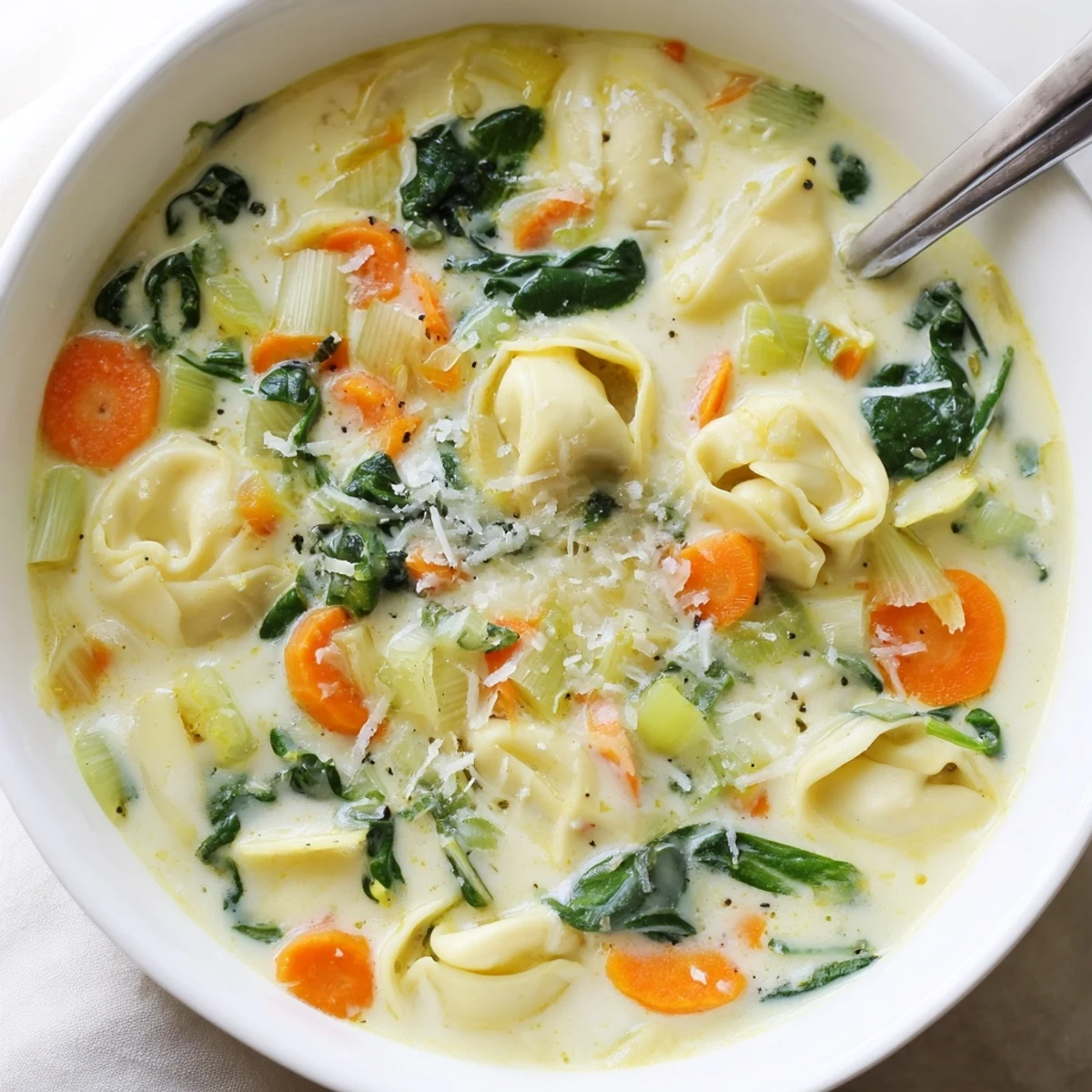 Rich and velvety Instant Pot creamy tortellini soup with colorful carrots and celery in every spoonful
