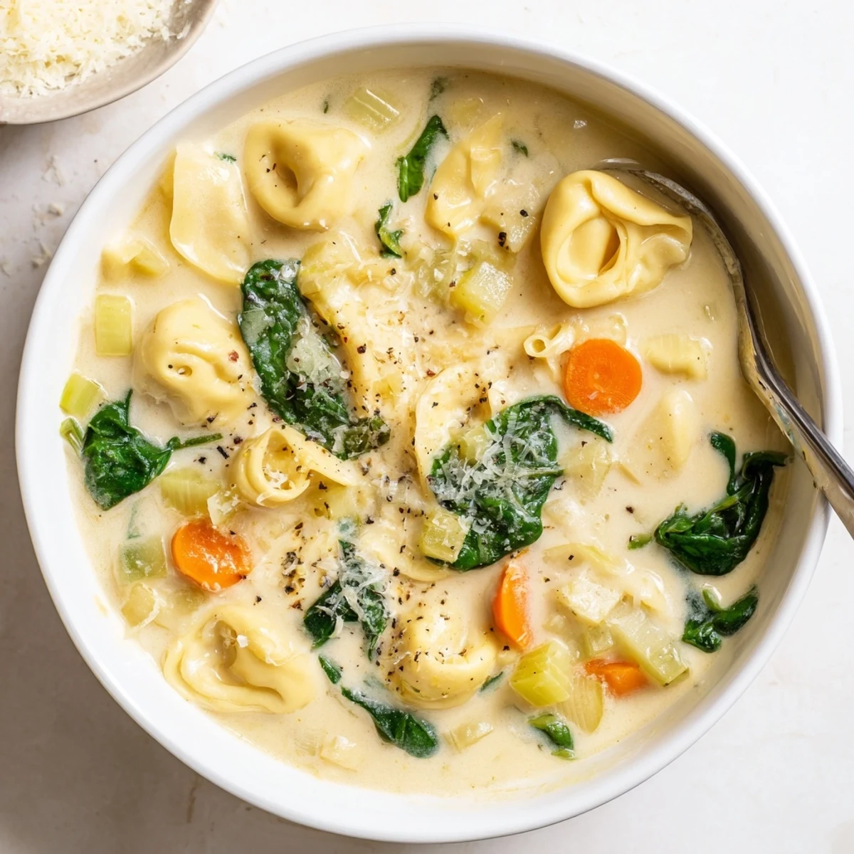 Golden cheese tortellini floating in a luxurious cream-based broth inside this Instant Pot creamy tortellini soup