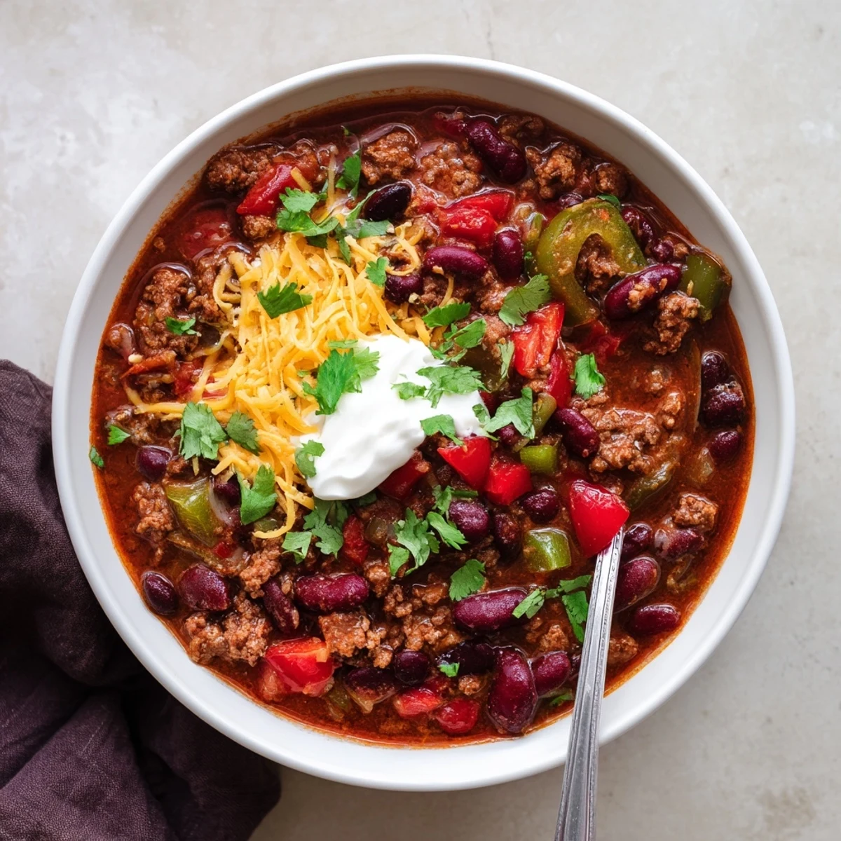 Savory Chili Con Carne simmered with tender beef, beans, and colorful bell peppers
