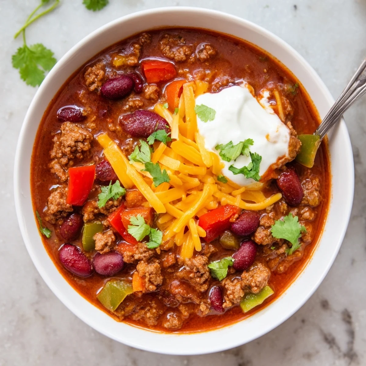 Hearty bowl of Chili Con Carne topped with melted cheddar and fresh cilantro