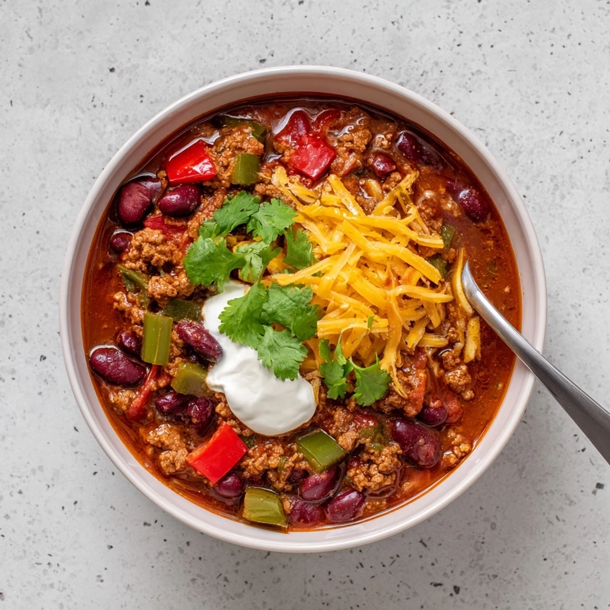 Rich and spicy Chili Con Carne served in a rustic bowl with sour cream