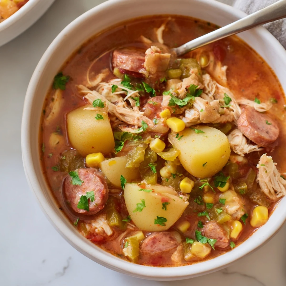 Hearty Brunswick Stew simmered with chicken pork and vegetables in a rich tomato broth