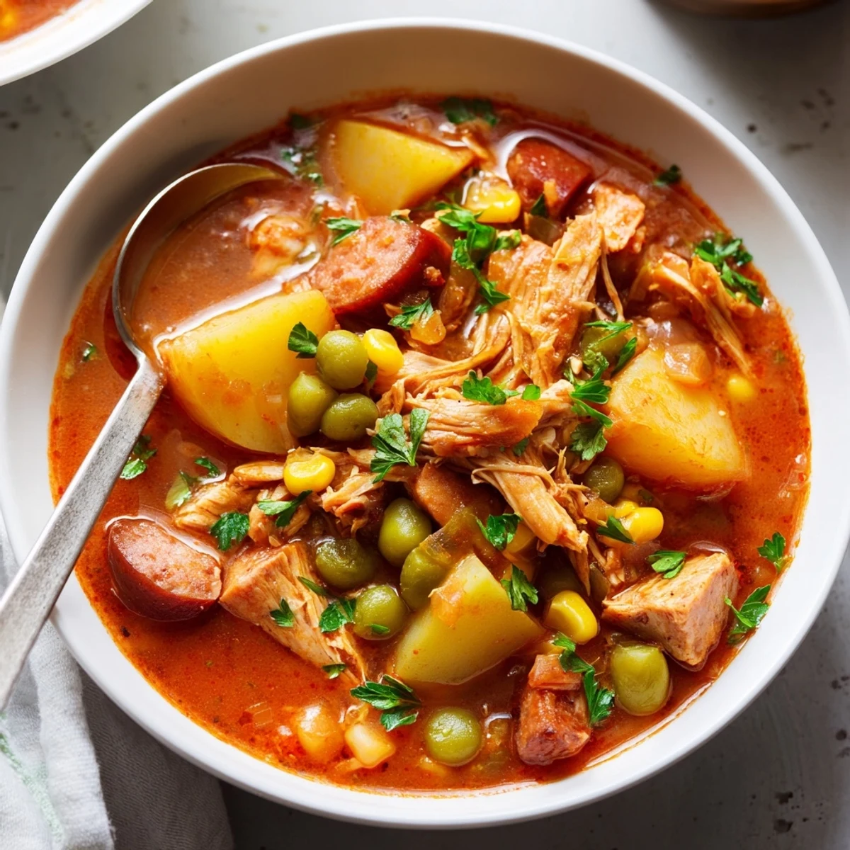Steaming bowl of Southern Brunswick Stew garnished with fresh parsley and crusty cornbread