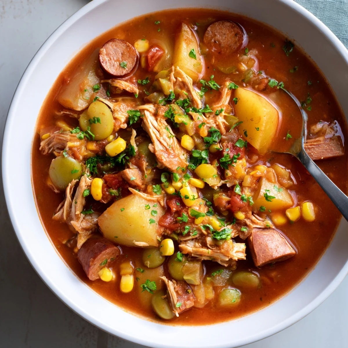 Thick comforting Brunswick Stew loaded with tender meats corn lima beans and potatoes