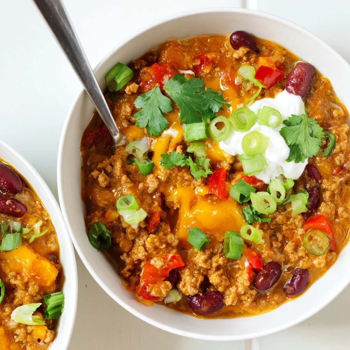 Creamy turkey pumpkin chili served in white bowl with green onion topping