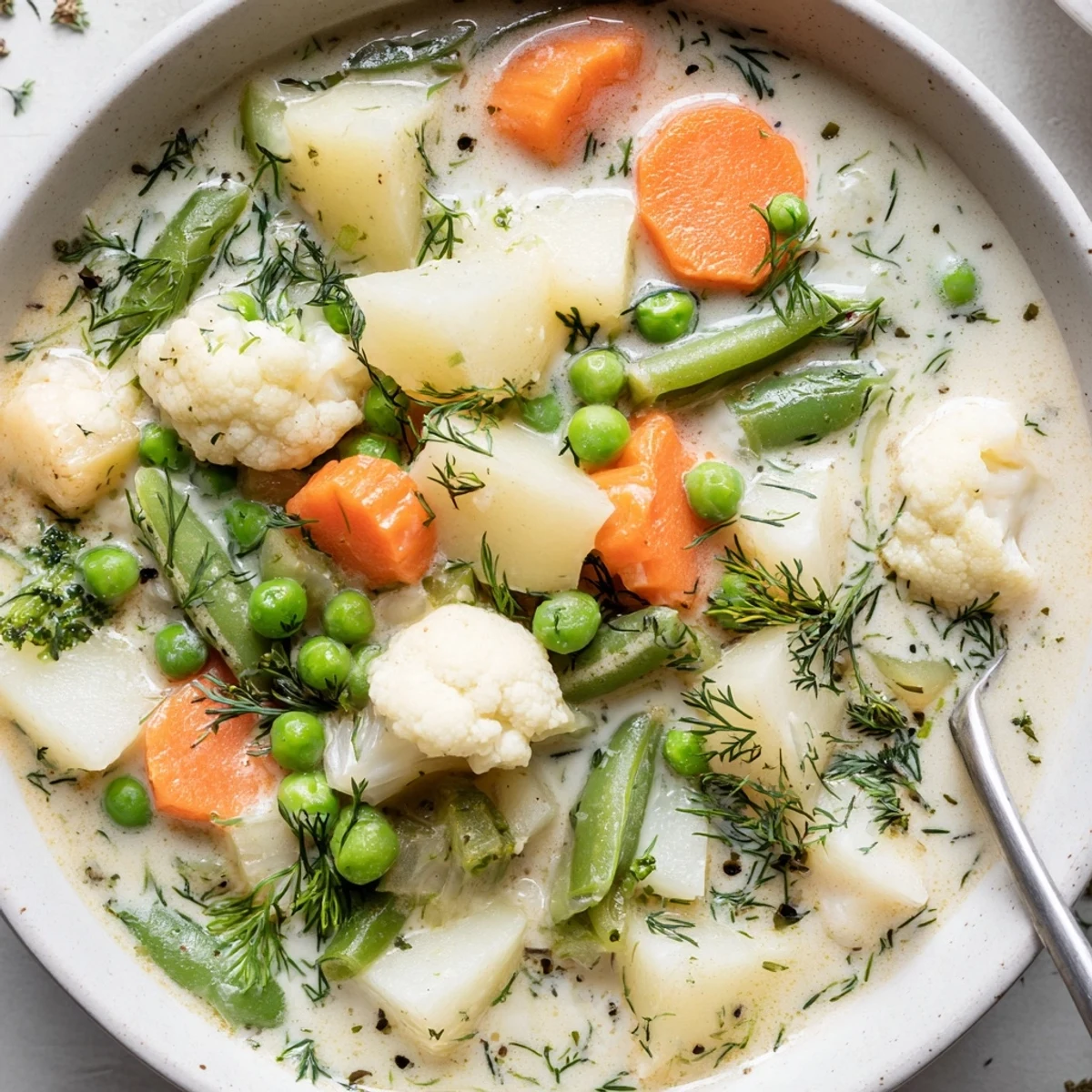 Creamy Finnish Kesäkeitto soup brimming with colorful fresh summer vegetables and chopped dill