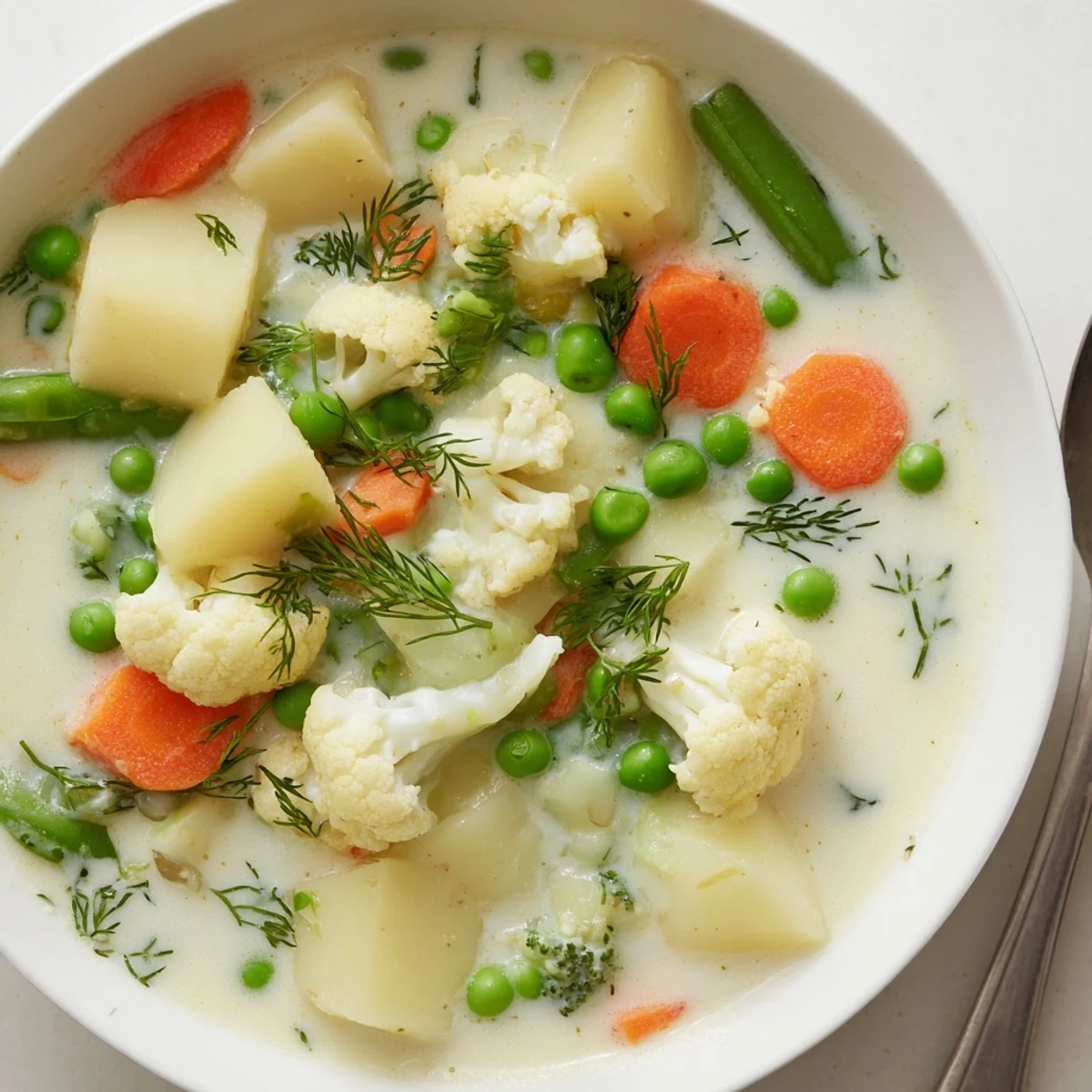 Golden Finnish Kesäkeitto featuring tender potatoes carrots cauliflower in rich milky broth