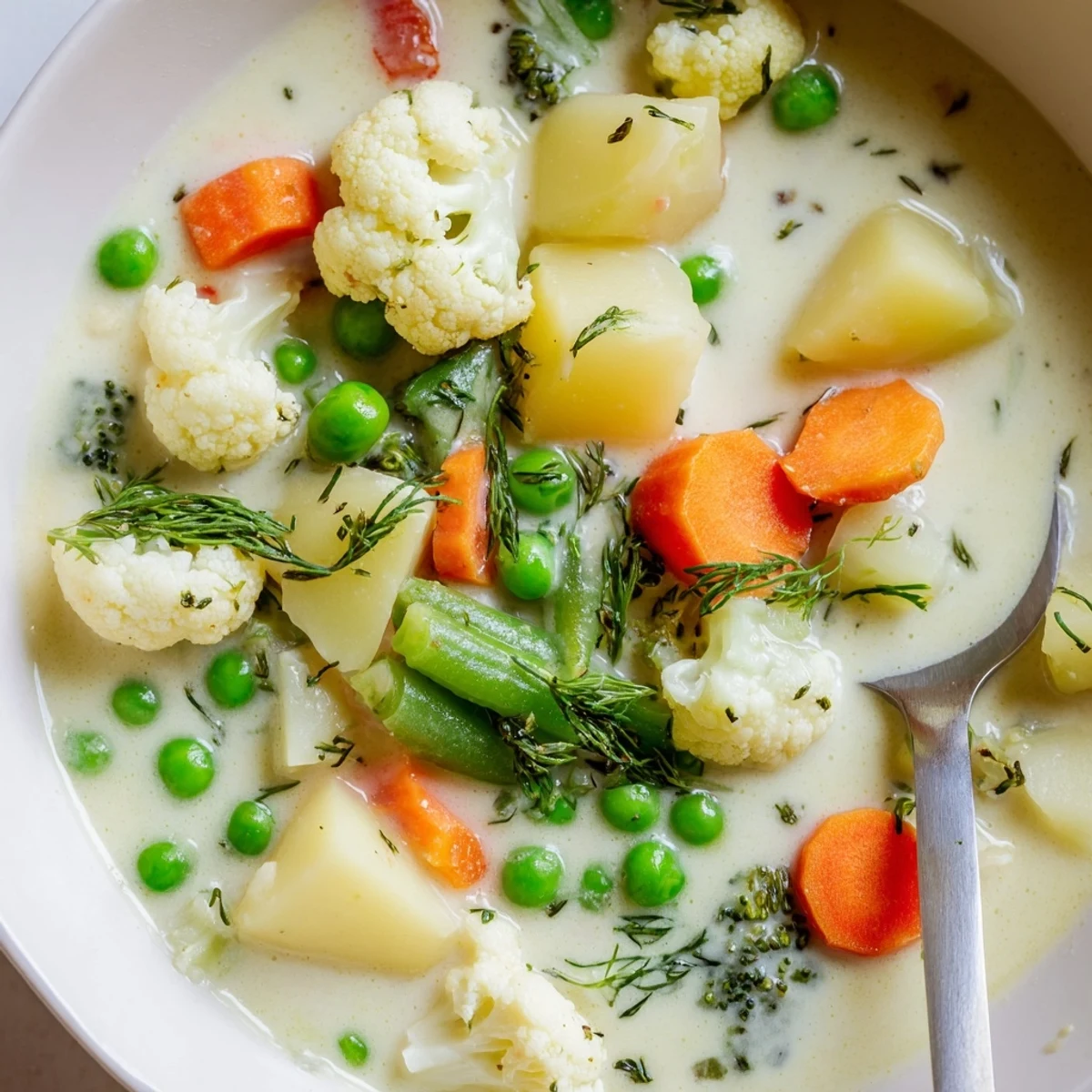 Bowl of light Finnish summer vegetable soup Kesäkeitto garnished with green herbs and cream