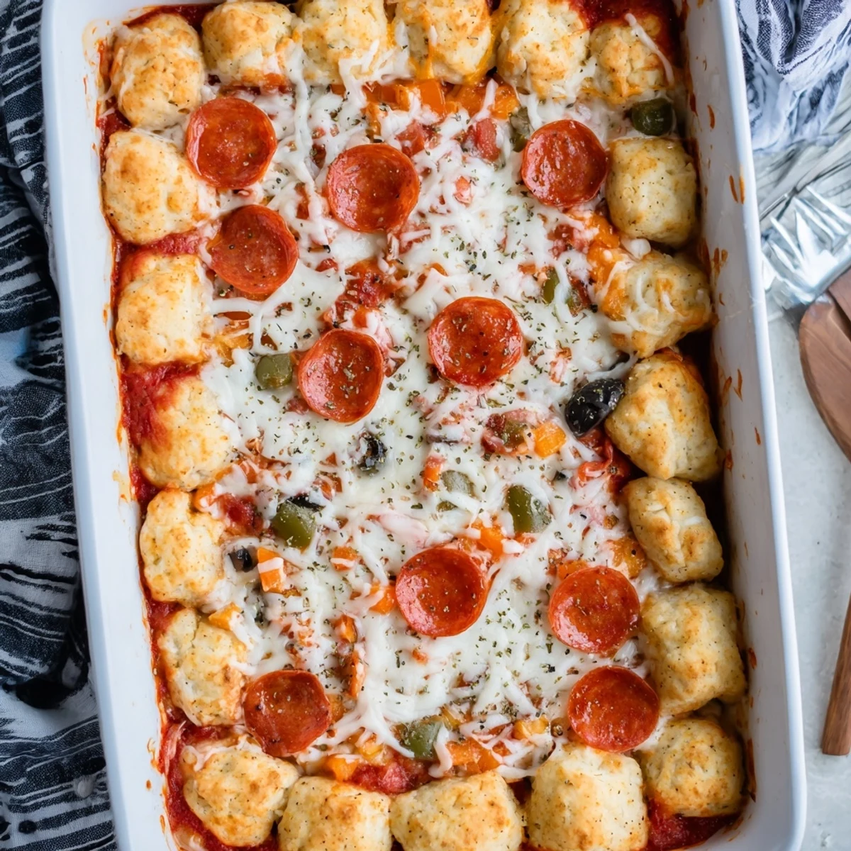 Golden bubbly Bubble Up Biscuit Pizza Casserole with melted cheese and pepperoni on fluffy biscuit pieces