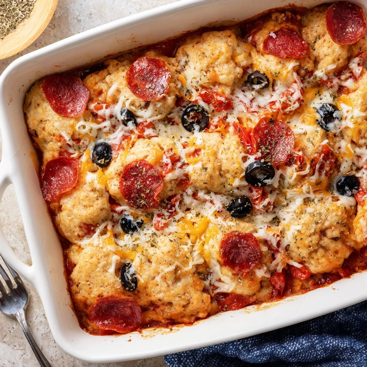 Bubble Up Biscuit Pizza Casserole fresh from the oven featuring puffy biscuits rising through cheesy pizza toppings