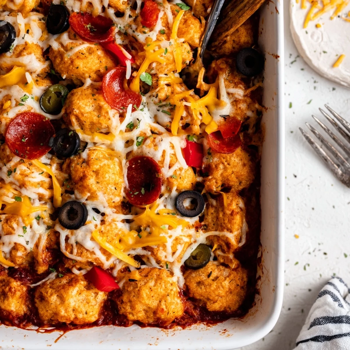 Family-style Bubble Up Biscuit Pizza Casserole displaying layers of pepperoni olives and golden baked biscuit dough