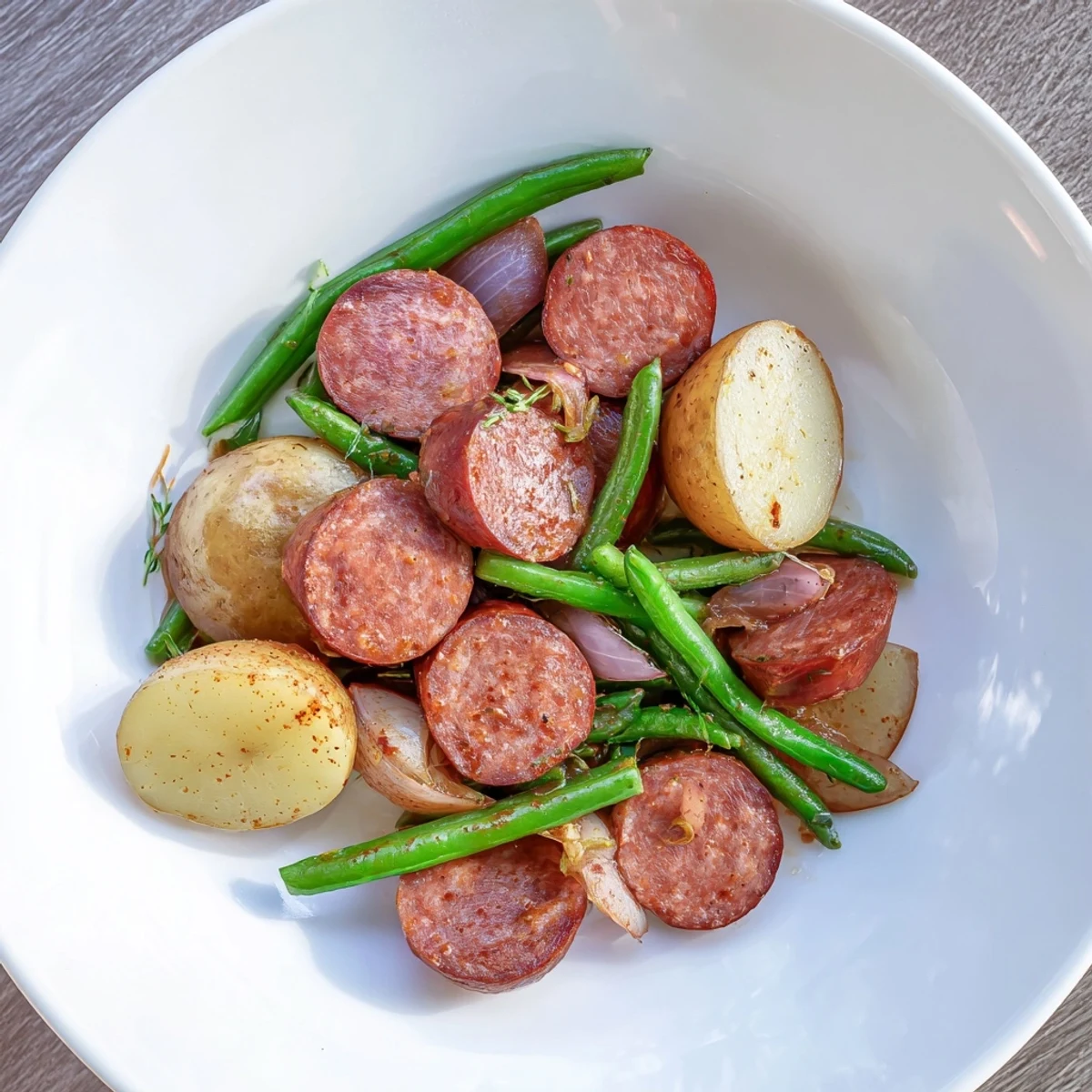 Hearty Crockpot Kielbasa and Green Beans featuring smoky sausage rounds and crisp-tender vegetables