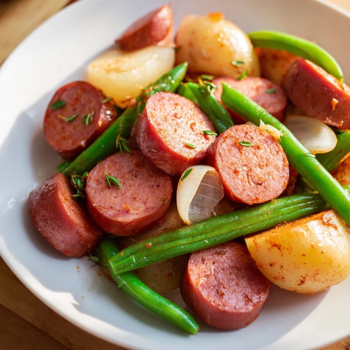 Slow cooker Crockpot Kielbasa and Green Beans with tender baby potatoes in savory broth