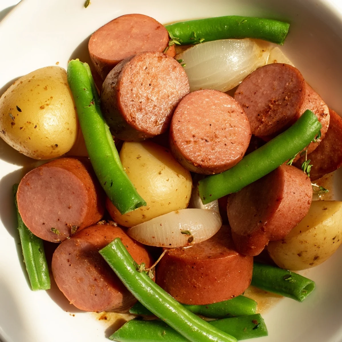 Rustic Crockpot Kielbasa and Green Beans one-pot meal with perfectly cooked potatoes and flavorful seasonings