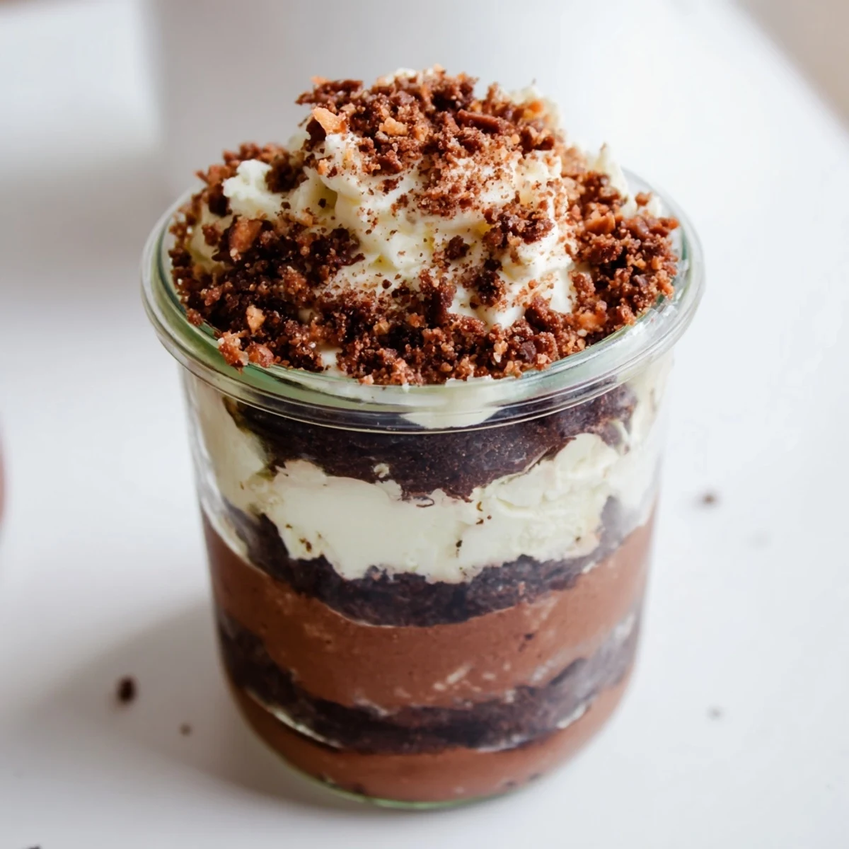 Keto dirt cake displayed in clear mason jar with alternating layers of rich chocolate pudding and fluffy whipped cream finished with cocoa almond dirt