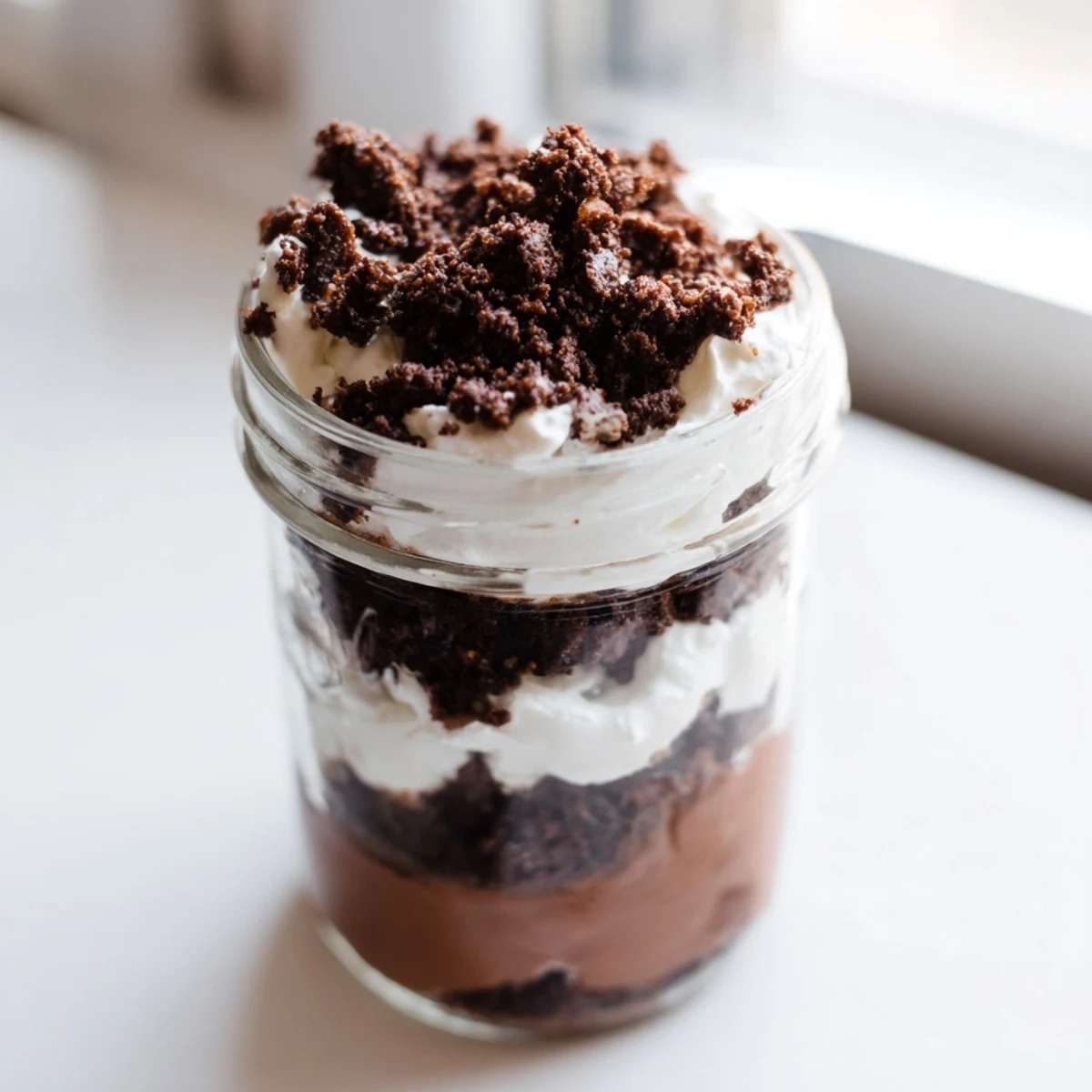Spoon digging into layered keto dirt cake revealing thick chocolate pudding and whipped cream under crunchy chocolate almond soil topping in glass serving dish