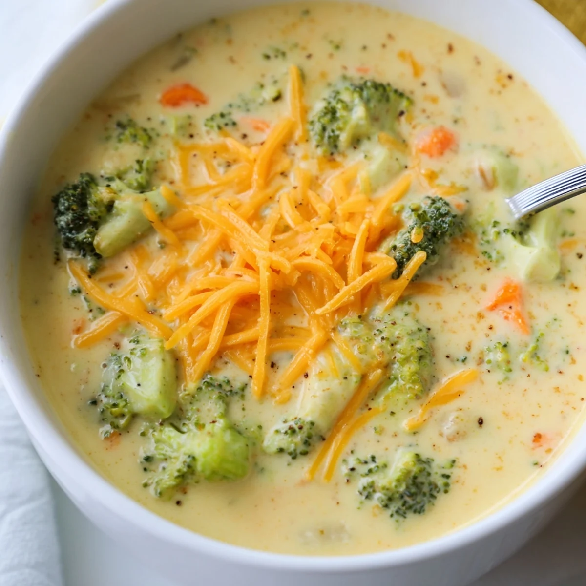Creamy Instant Pot broccoli cheddar soup with tender florets in a rich golden broth