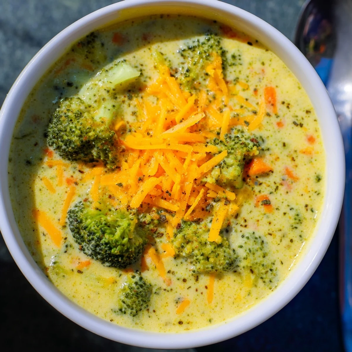 Velvety smooth Instant Pot broccoli cheddar soup garnished with fresh herbs and cracked pepper