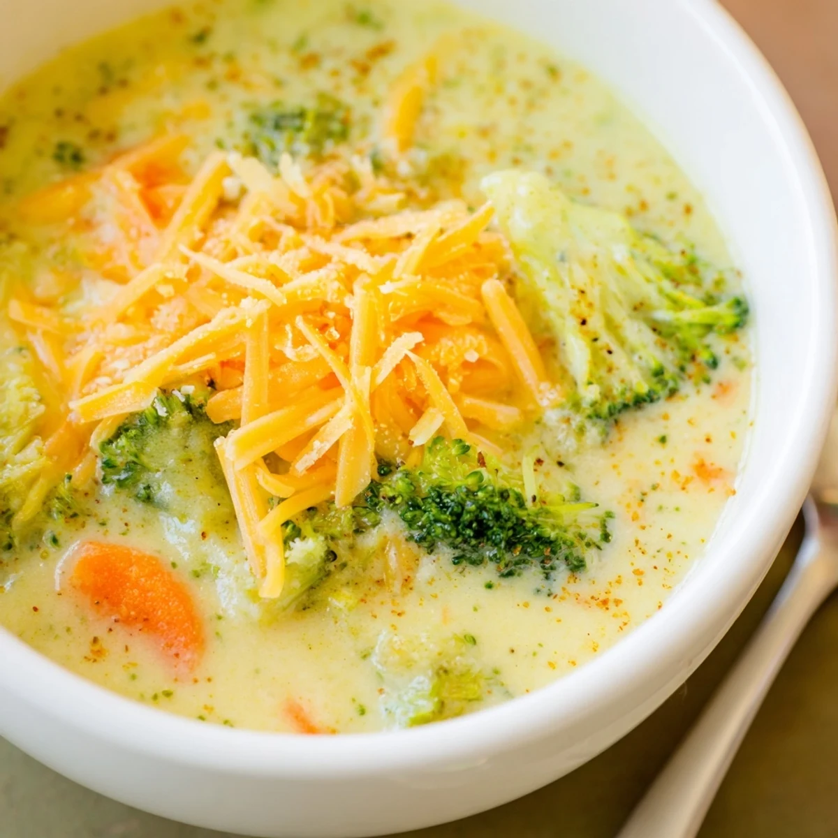 Steaming bowl of Instant Pot broccoli cheddar soup topped with melted sharp cheddar cheese
