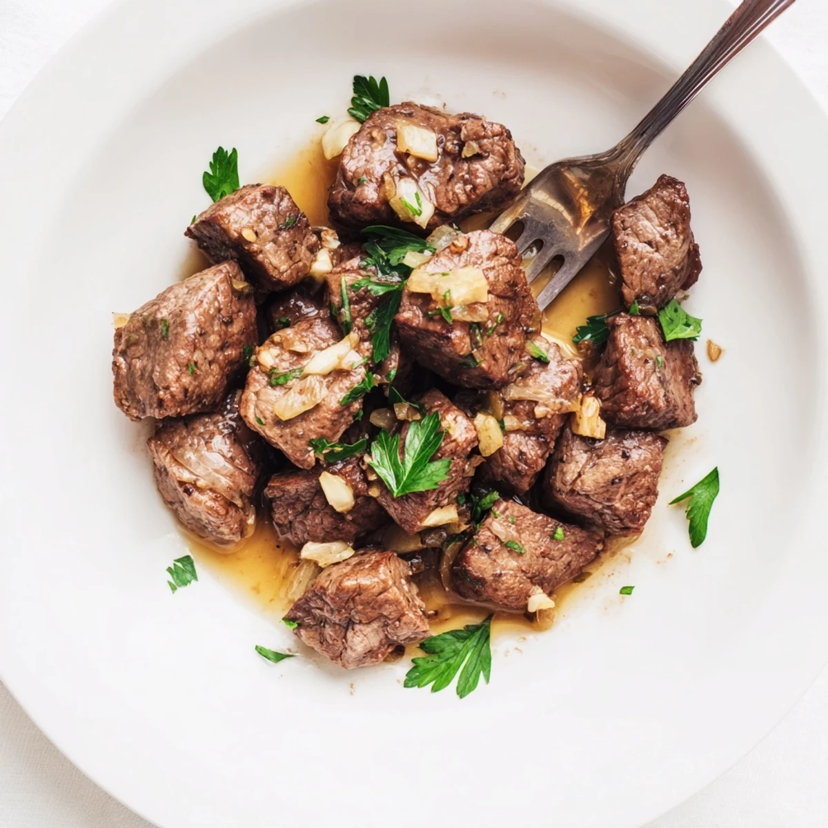 Tender slow cooker steak bites simmered in savory beef broth with Worcestershire and melted butter