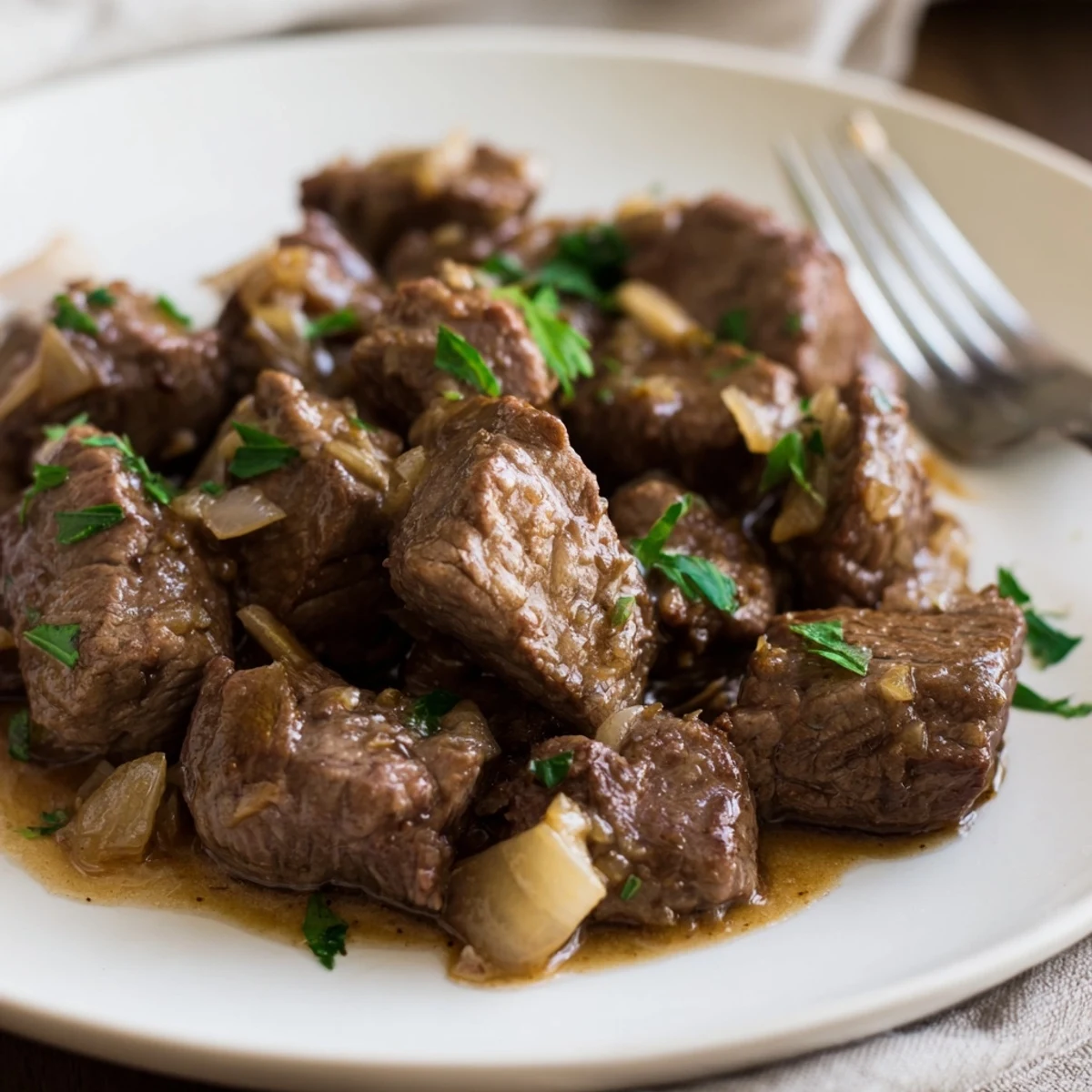Juicy cubed sirloin steak bites slow cooked with caramelized onions and smoked paprika until fork tender