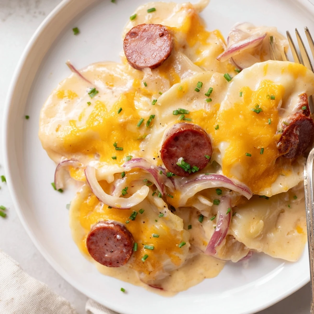 Crock Pot Pierogi Casserole with Kielbasa featuring bubbly cheddar cheese and tender pasta layers