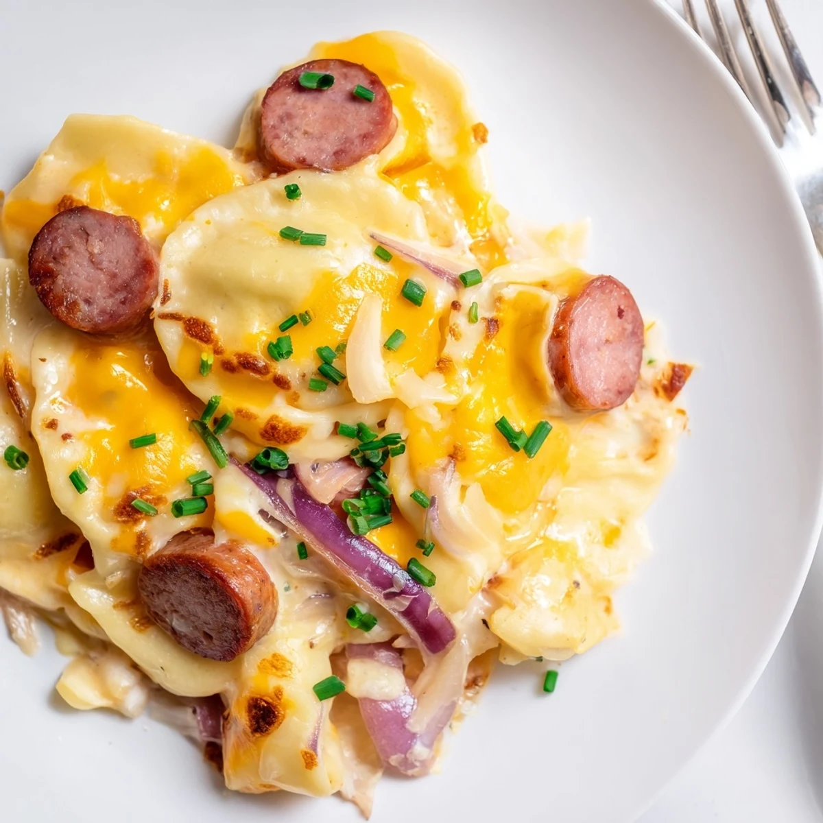 Hearty slow cooker pierogi casserole topped with melted cheese and sliced smoky kielbasa sausage