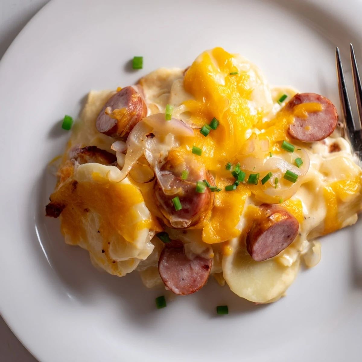 Comforting Crock Pot Pierogi Casserole with Kielbasa baked to golden perfection with creamy sauce