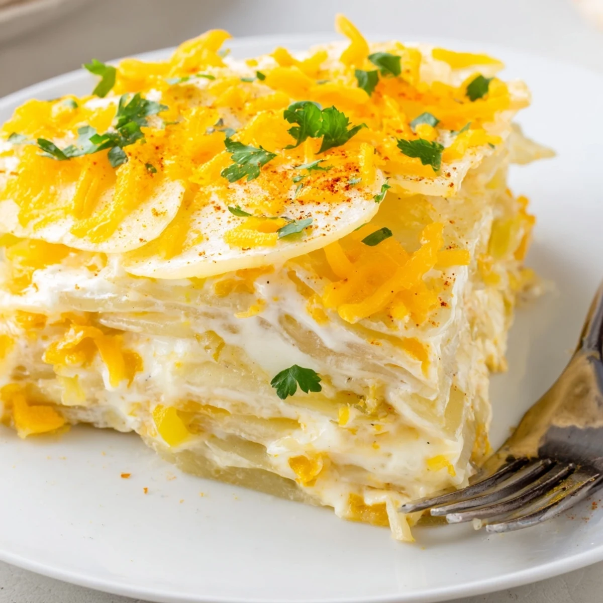 Golden layers of cheesy Crockpot Scalloped Potatoes bubbling with melted cheddar and cream sauce