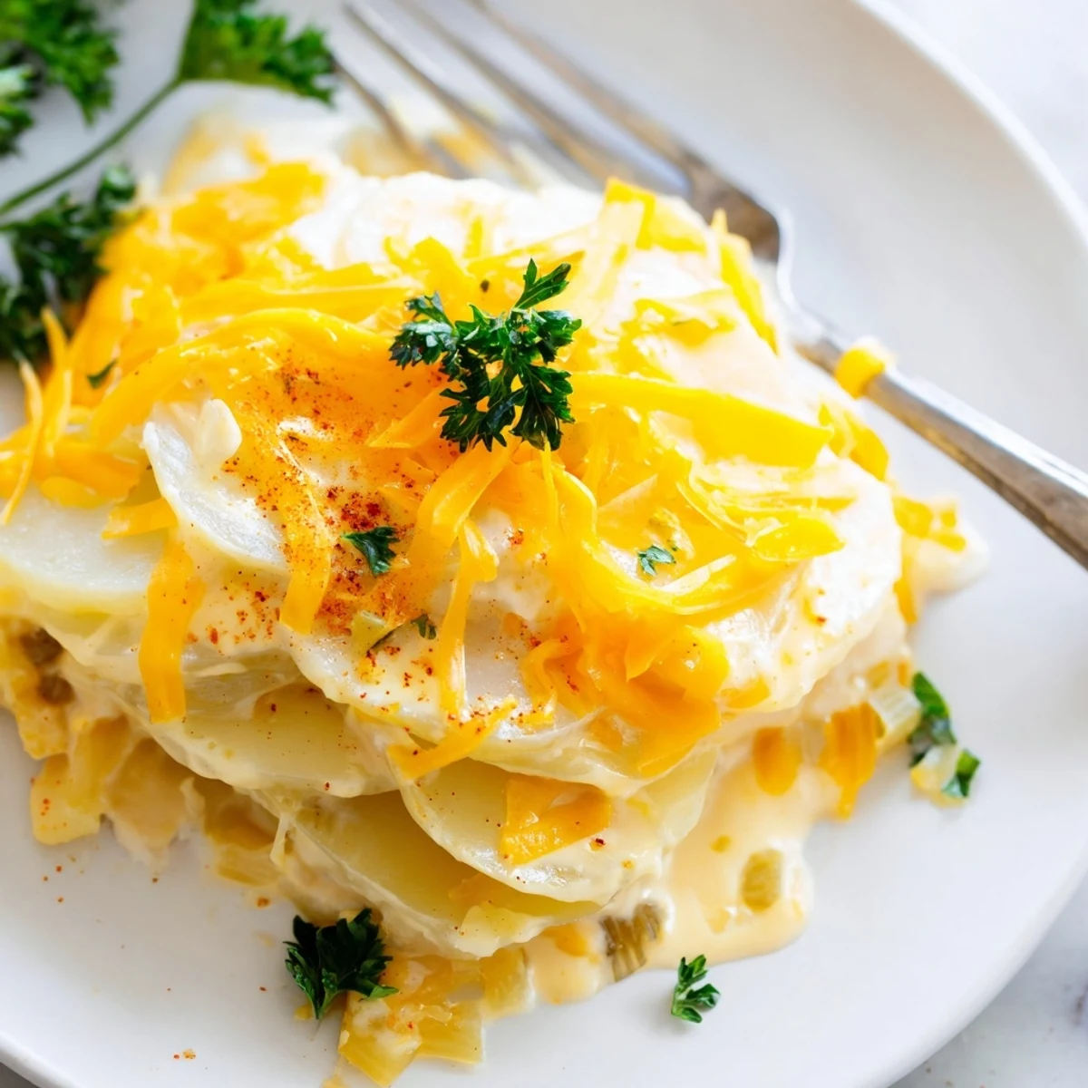 Slow-cooked potato slices in a rich cheese sauce, topped with golden melted cheddar cheese