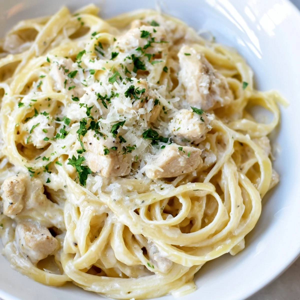 Creamy Instant Pot chicken alfredo featuring tender bites of chicken and fettuccine coated in rich parmesan garlic sauce