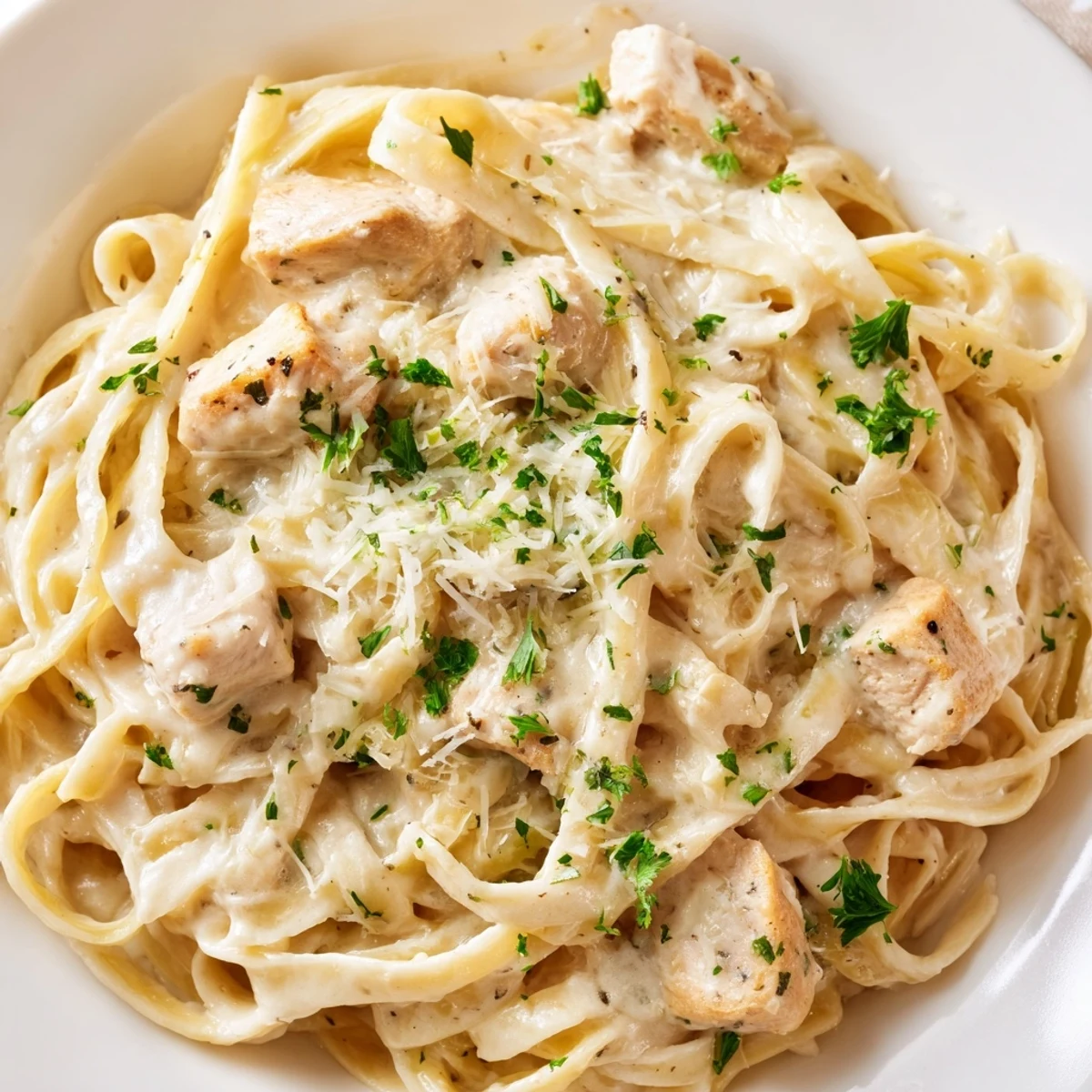Golden brown chicken pieces nestled in silky alfredo pasta sauce with freshly grated parmesan and chopped parsley garnish