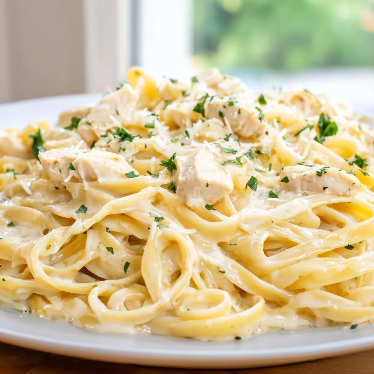 Steaming bowl of Instant Pot chicken alfredo showcasing thick creamy sauce coating long fettuccine noodles and juicy chicken