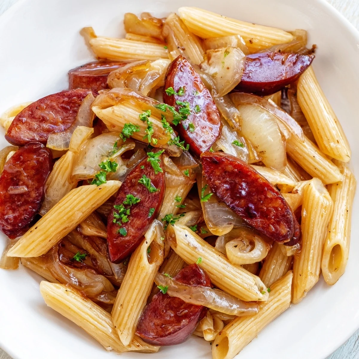 Golden honey garlic sausage pasta skillet with glossy coated noodles and caramelized meat slices