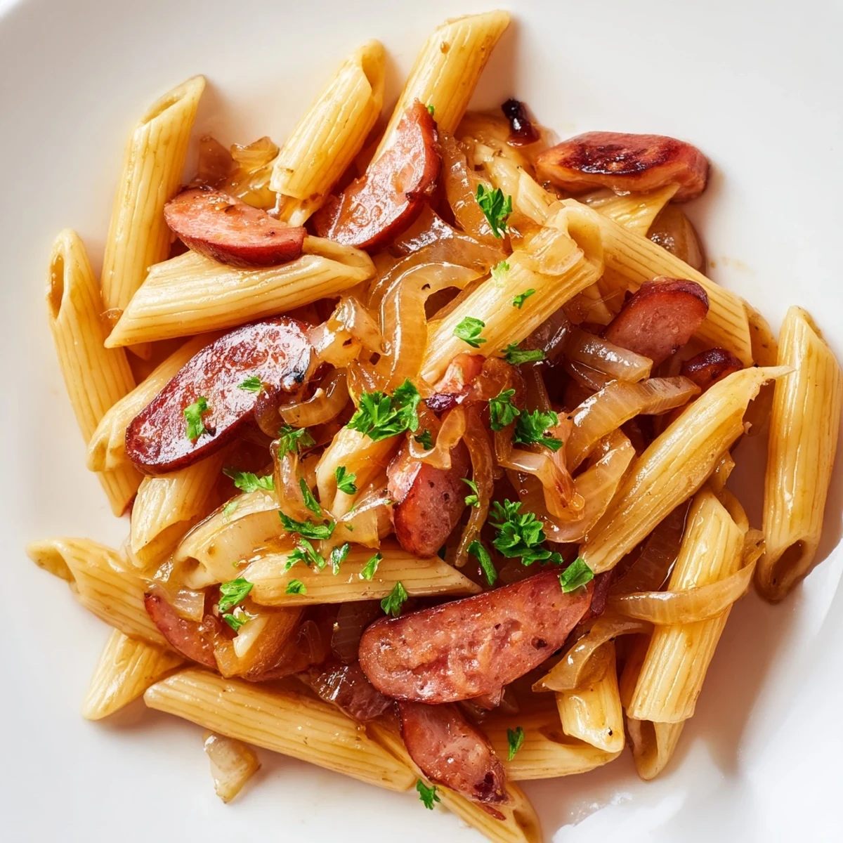 Savory skillet pasta with sliced smoked sausage glistening in thick honey garlic sauce with parsley