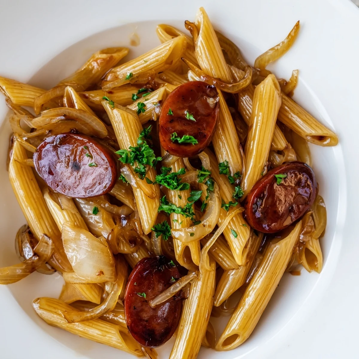 One-pan sticky honey garlic sausage pasta featuring tender penne in rich savory sweet glaze