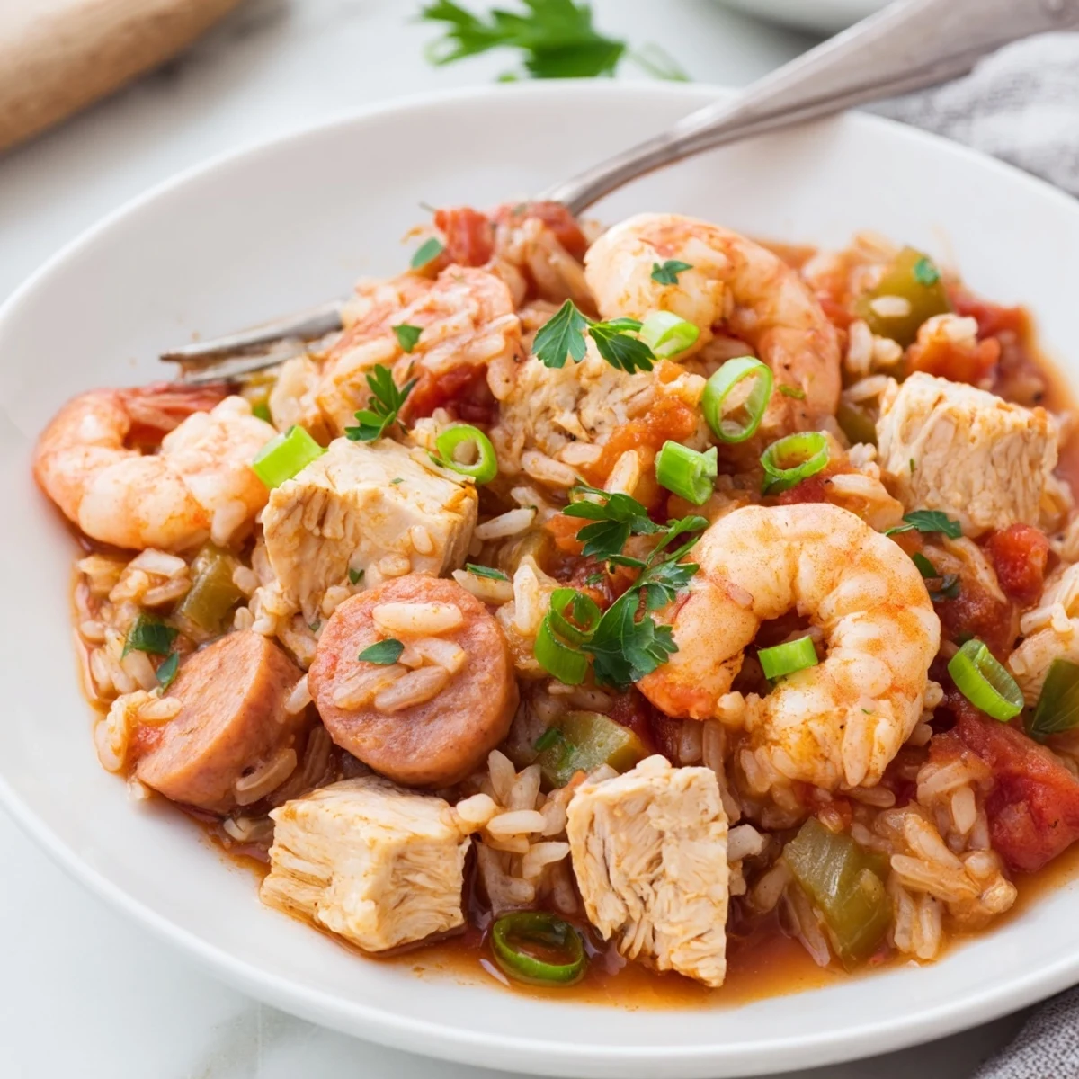 Slow cooker Jambalaya with fluffy rice, colorful bell peppers, and savory Creole-spiced broth