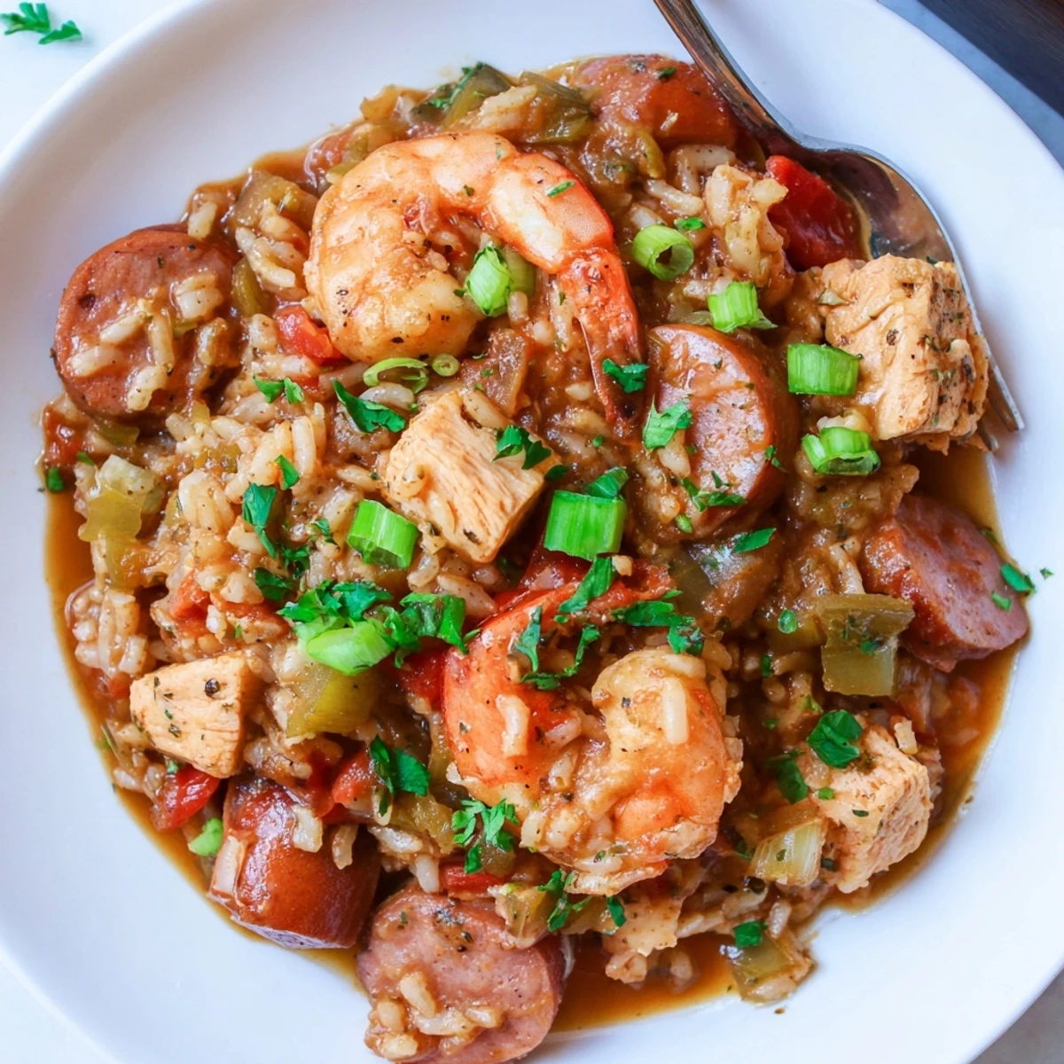 Hearty Crock Pot Jambalaya garnished with fresh green onions and chopped parsley